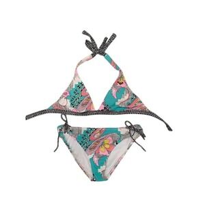 Psychedelic Paisley Triangle Halter Bikini Set Turquoise Pink Side Tie 2 Piece-L